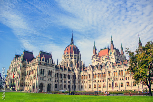 Beautiful view of the Hungarian Parliament from the square of Lajos Kosuta in front in Budapest, Hungary