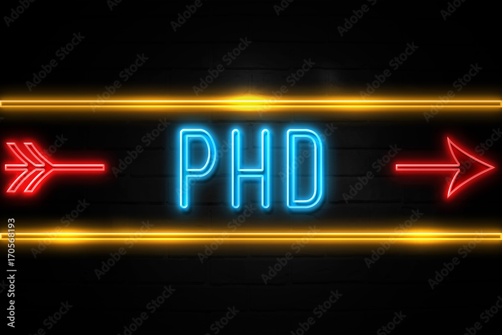 Obraz premium Phd - fluorescent Neon Sign on brickwall Front view