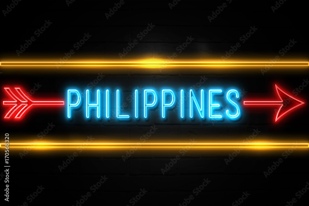 Philippines  - fluorescent Neon Sign on brickwall Front view