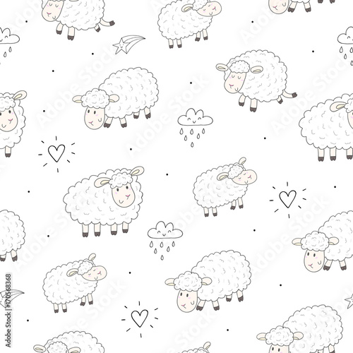 Cute seamless pattern with funny sheep. vector illustration