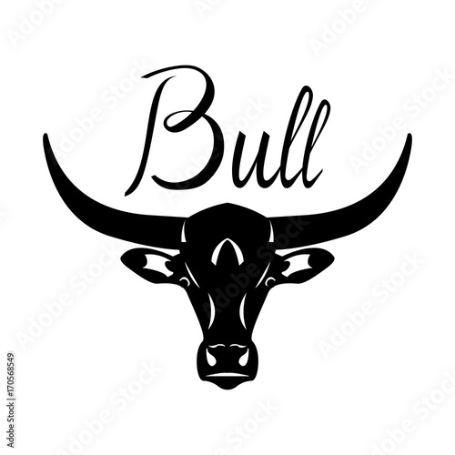 Logo head of a bull. Icon buffalo. Silhouette of an american bull isolated on white background. Bull lettering