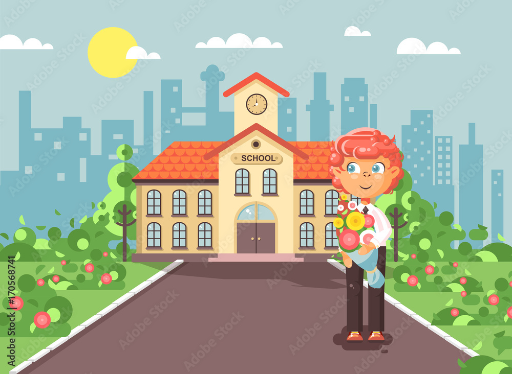 Vector illustration cartoon character child lonely boy redhead schoolboy, pupil, student standing with bouquet flowers in front of building knowledge day start study back to school flat style