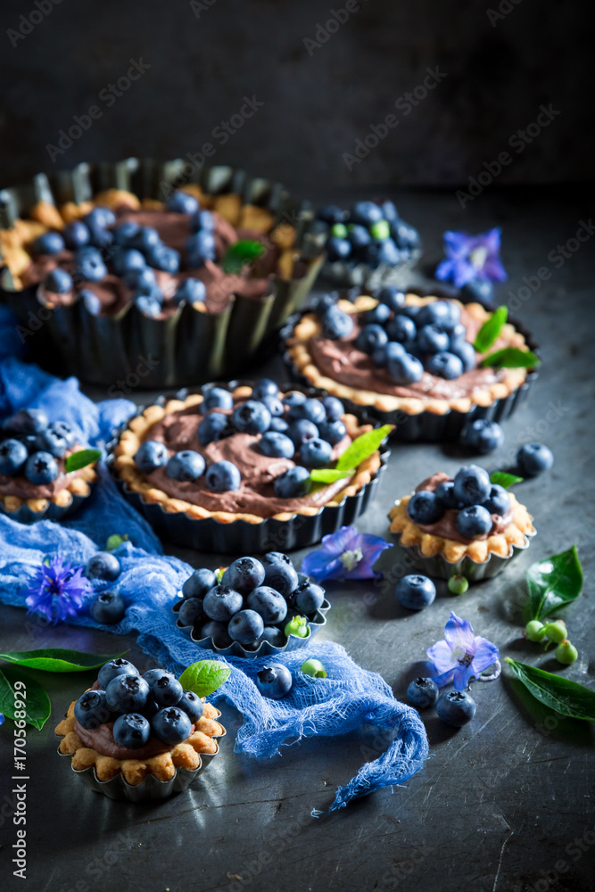 Delicious and crispy tarts made of chocolate cream and blueberries