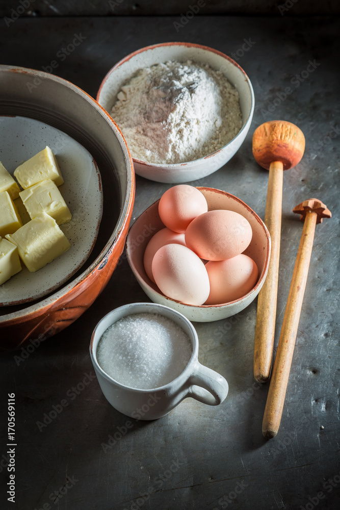 Ingredients for delicious and fresh cake with blueberries Ingredients for delicious and fresh cake with blueberries