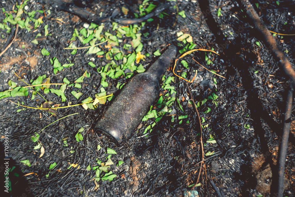 Obraz premium A glass beer bottle lies on the scorched ground