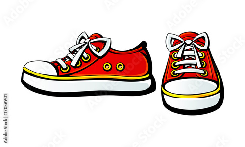Red sneakers on lacing.