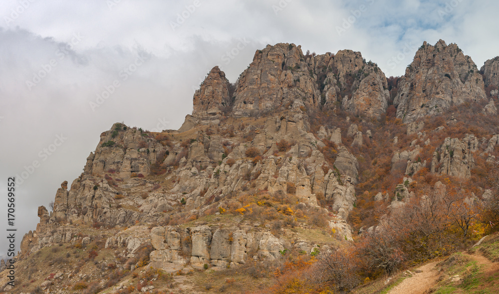 Fall landscape in Valley of Ghosts in Crimean peninsula
