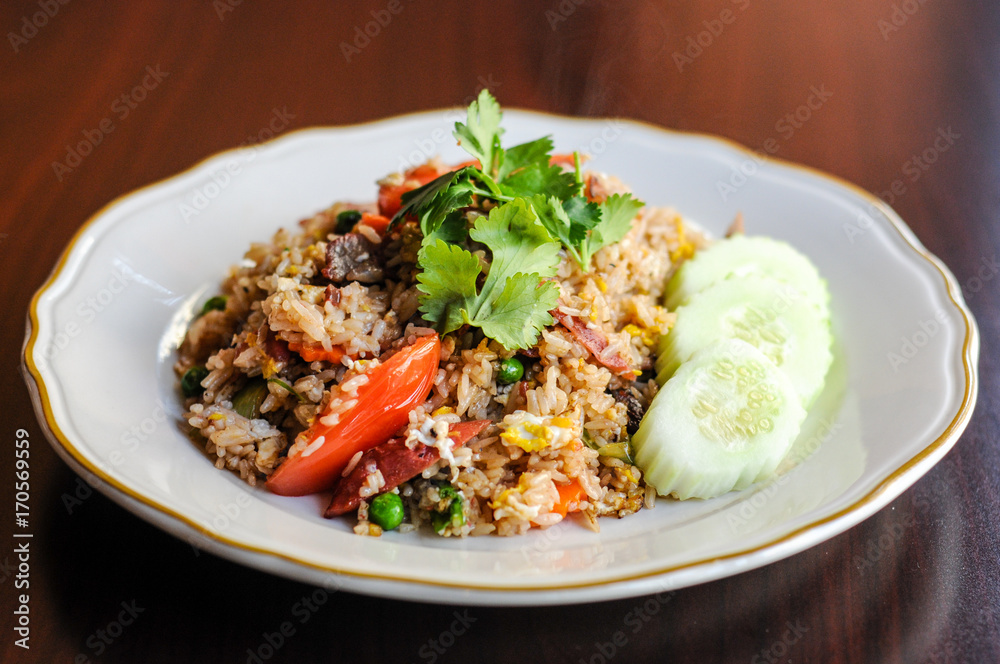 Chili Paste Fried Rice, Stir-fried with egg, carrots, green peas, onions and chili paste.