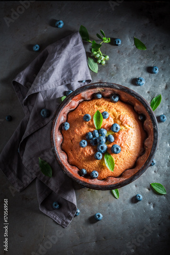Homemade and rustic blueberries cake made of fresh ingredients