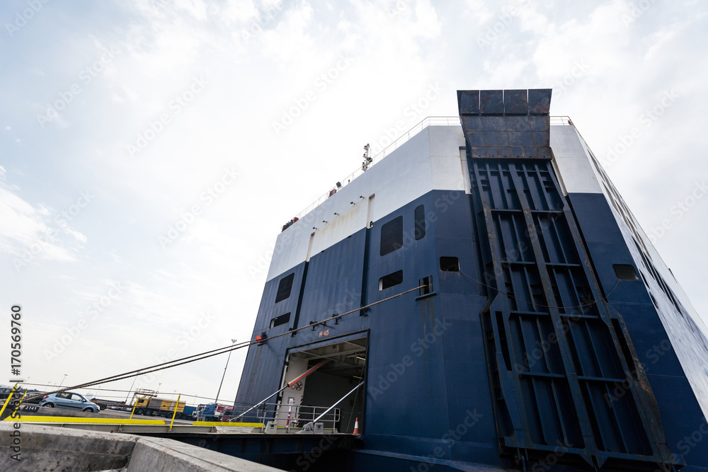 Car Freighter Docking in Harbor