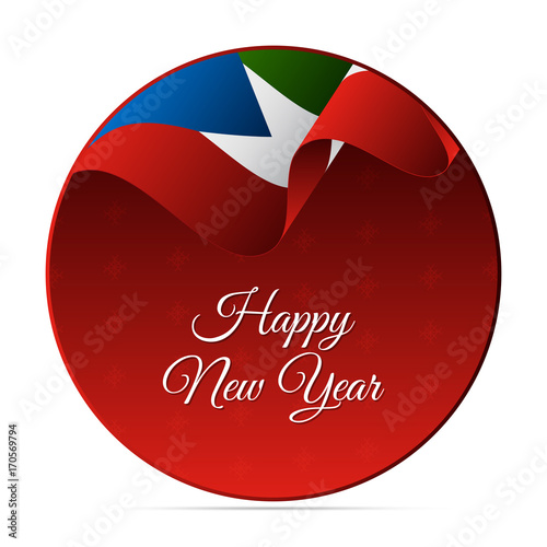 Happy New Year banner or sticker. Equatorial Guinea waving flag. Snowflakes background. Vector illustration.