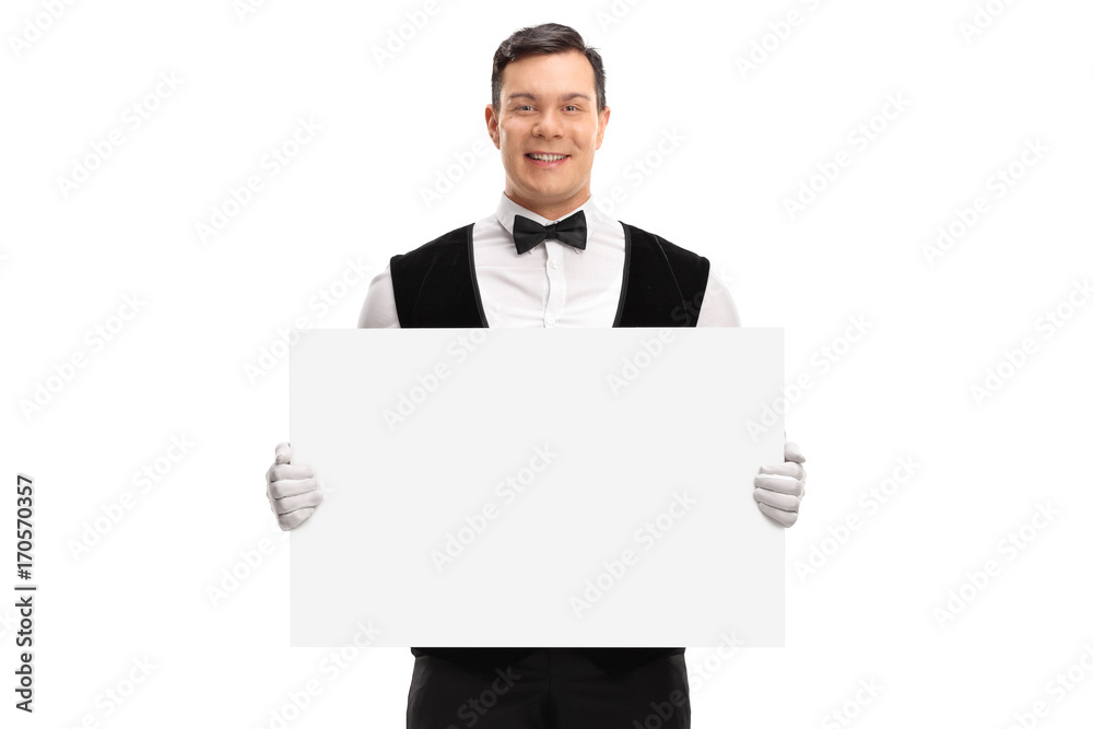 Waiter holding a blank cardboard sign and smiling Waiter holding a blank cardboard sign and smiling