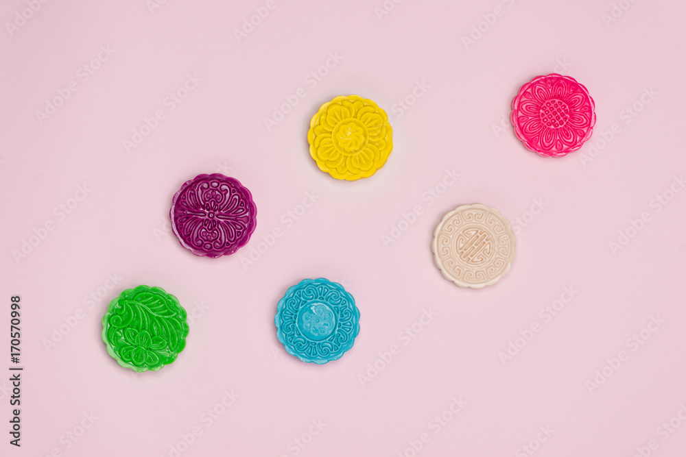 Table party setting. Traditional mid autumn festival colorful mooncakes. Table party setting. Traditional mid autumn festival colorful mooncakes.