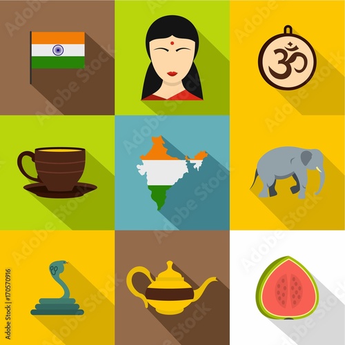 Indian symbols icon set, flat style