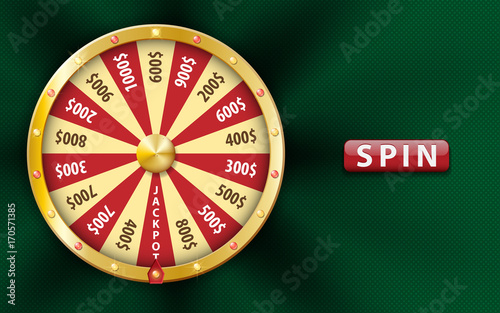 Gold realistic 3d fortune wheel, lucky game spin, luxury roulette on green background. Casino background for money, jackpot, online play, luck, lottery. fortune wheel Vector illustration