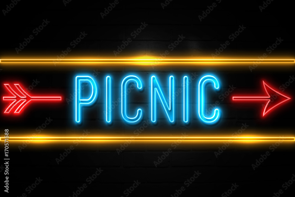 Picnic - fluorescent Neon Sign on brickwall Front view Picnic - fluorescent Neon Sign on brickwall Front view
