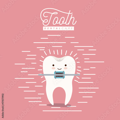 kawaii caricature tooth with brace dental care with happiness expression on color poster with lines vector illustration