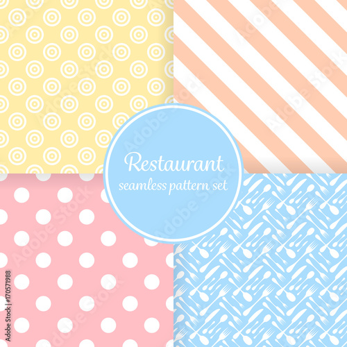 Restaurant or bistro theme. Pastel color stripes, dots, cutlery and other shapes. Seamless vector pattern background set.