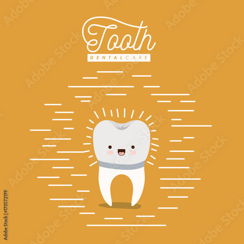 kawaii caricature implant tooth dental care with happiness expression on color poster with lines vector illustration