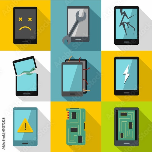 Broken phones fix icon set, flat style