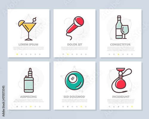Set of alcohol and bar, night club colored elements for multipurpose a4 presentation template. Leaflet, corporate report, marketing, advertising, annual report, book cover design.
