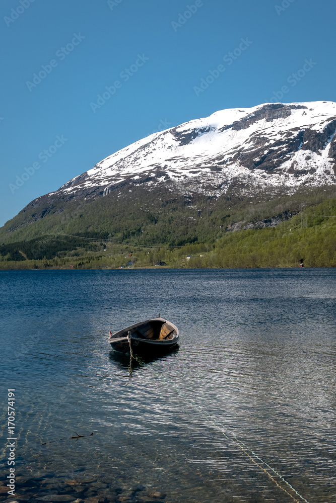 Fototapeta premium The Norwegian landscape with a boat on lake against mountains.