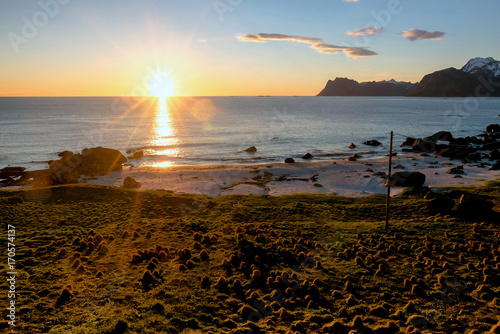Fotografie Scenic view of beautiful midnight sun in Norway.