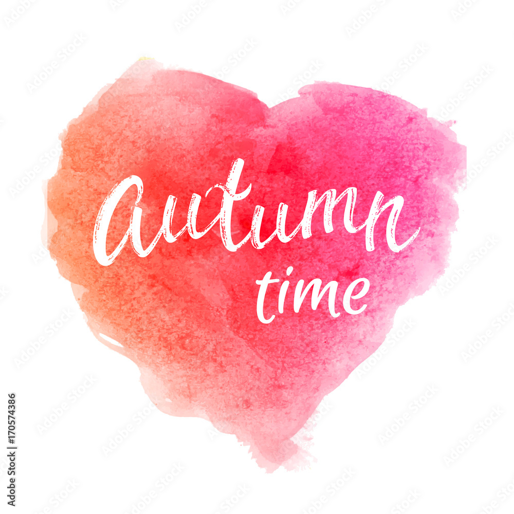 Autumn time. Greeting card with hand lettering text on rainbow abstract watercolor heart shaped grunge background. Decoration for seasons fall design. Font vector illustration. EPS10. Autumn time. Greeting card with hand lettering text on rainbow abstract watercolor heart shaped grunge background. Decoration for seasons fall design. Font vector illustration. EPS10.