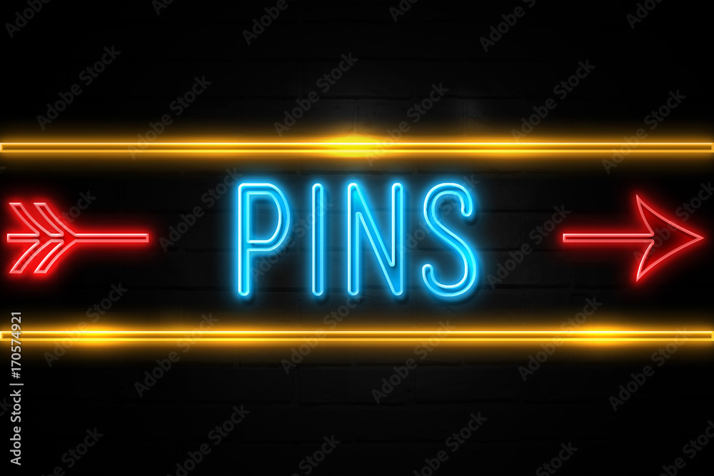 Obraz premium Pins - fluorescent Neon Sign on brickwall Front view