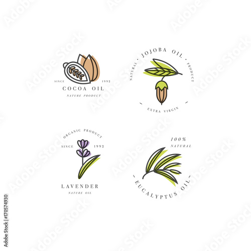 Vector set of packaging design templates and emblems - beauty and cosmetics oils - cocoa, lavender, jojoba and eucalyptus