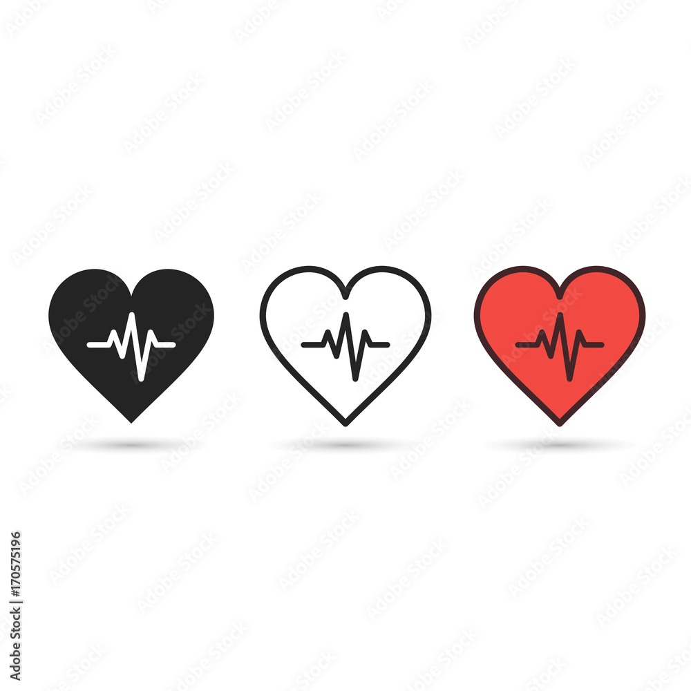 Heart beat pulse flat icon set. Vector symbol