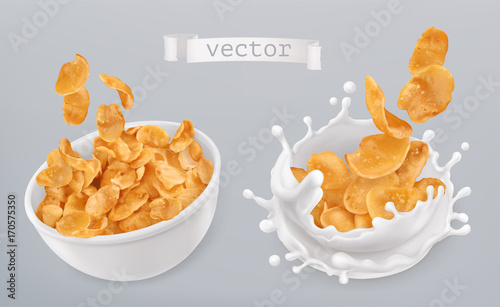 Canvas Print Corn flakes and milk splashes. 3d realistic vector icon set