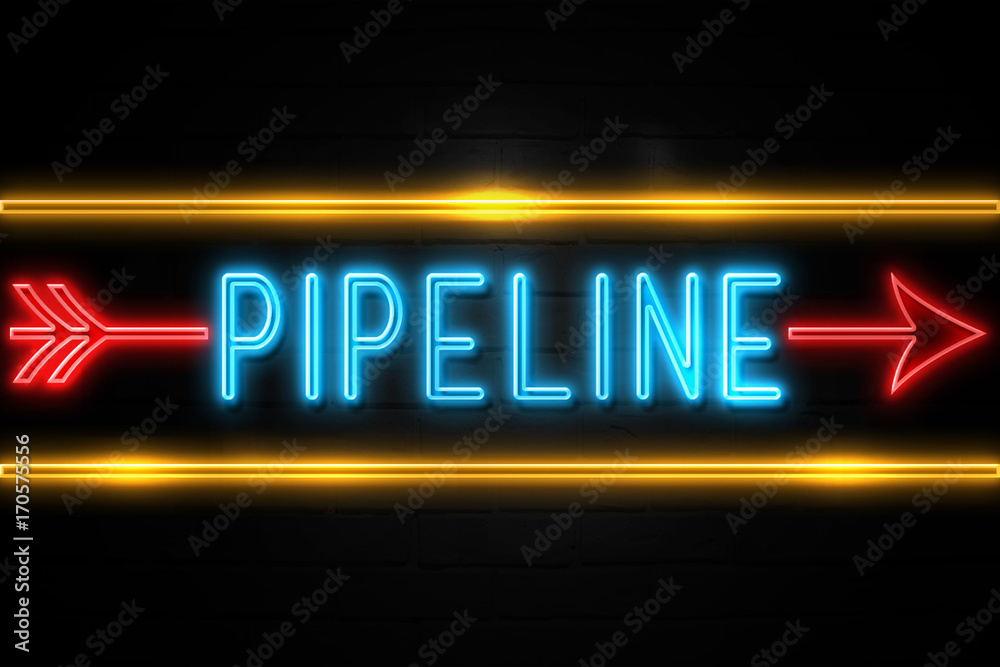 Pipeline  - fluorescent Neon Sign on brickwall Front view