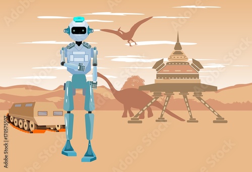 Robot, spaceship of aliens, dinosaurs, landscape of planet earth in dinosaurs age