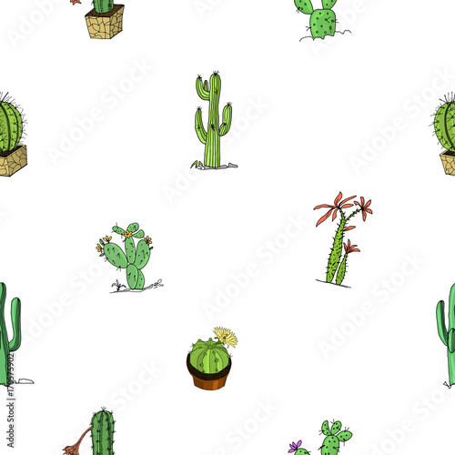 home cactus plants with prickles and nature elements in pots and flowers. exotic or tropical. various succulents, seamless pattern. engraved in ink hand drawn in old sketch and vintage style.