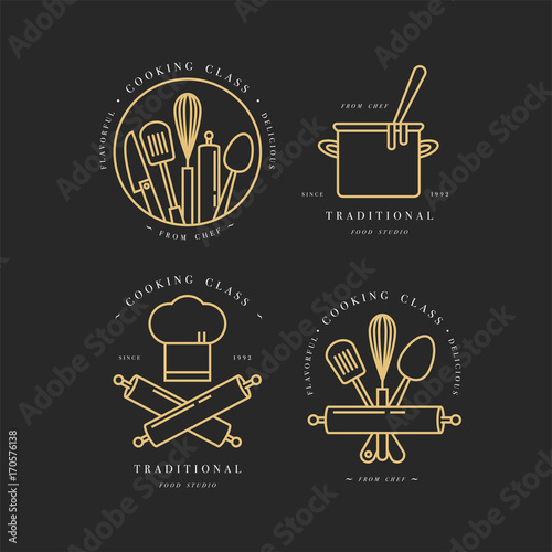 Cooking class linear design elements, kitchen emblems, symbols, icons or food studio labels and badges collection.