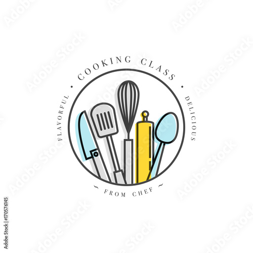 Cooking class linear design elements, kitchen emblems, symbols, icons or food studio labels and badges collection.