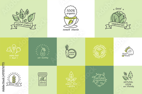 Vector set of organic products labels and badges - collection of different icons and illustrations related to fresh and healthy food