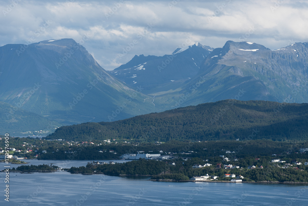 Summer landscape in Norway, view from the Aksla mountain in the city of Alesund