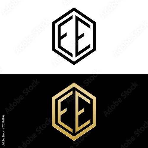 initial letters logo ee black and gold monogram hexagon shape vector photo