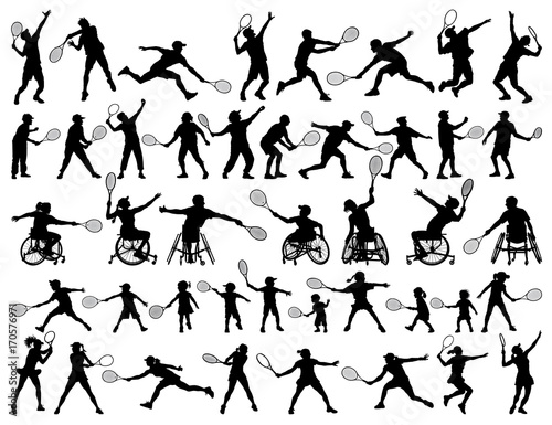 vector silhouettes collection of people playing tennis, disabled children elderly man woman 