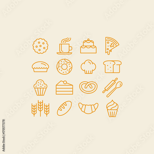 Vector set of linear icons and illustrations related to bakery