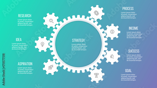 Business hierarchy infographic. Organization chart with 7 options, gears. Vector template.
