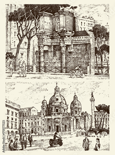 landscape in European town Rome in Italy . engraved hand drawn in old sketch and vintage style. historical architecture with buildings. Ruins of peristyle at the Temple of Minerva, Trajan Column.