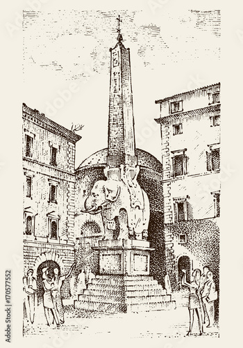 landscape in European town Rome in Italy . engraved hand drawn in old sketch and vintage style. historical architecture with buildings, perspective view. Elephant and Obelisk. Piazza della Minerva.