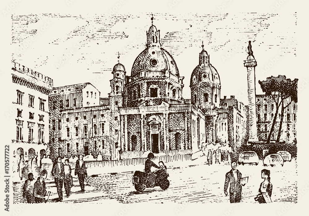 landscape in European town Rome in Italy . engraved hand drawn in old sketch and vintage style. historical architecture with buildings, perspective view. Travel postcard. Trajan Column.