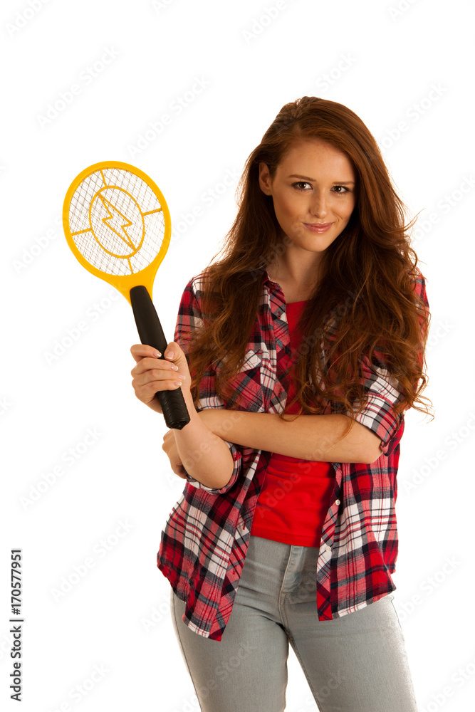 attractive Beautiful young woman holds electroc racket for kiling flys attractive Beautiful young woman holds electroc racket for kiling flys