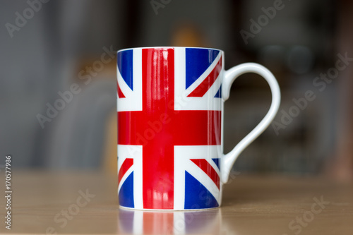 Great Britain flag on a mug close up with blurry background