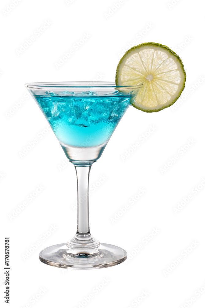 lime water with ice in cocktail glass isolated on white background