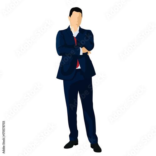 Businessman in dark blue suit standing and thinking, isolated illustration, front view